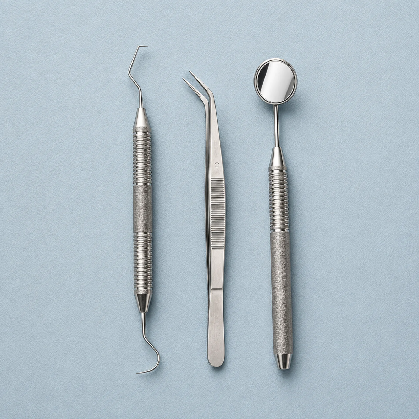 Dental scaler, tweezers, and mouth mirror laid out on a blue-grey surface