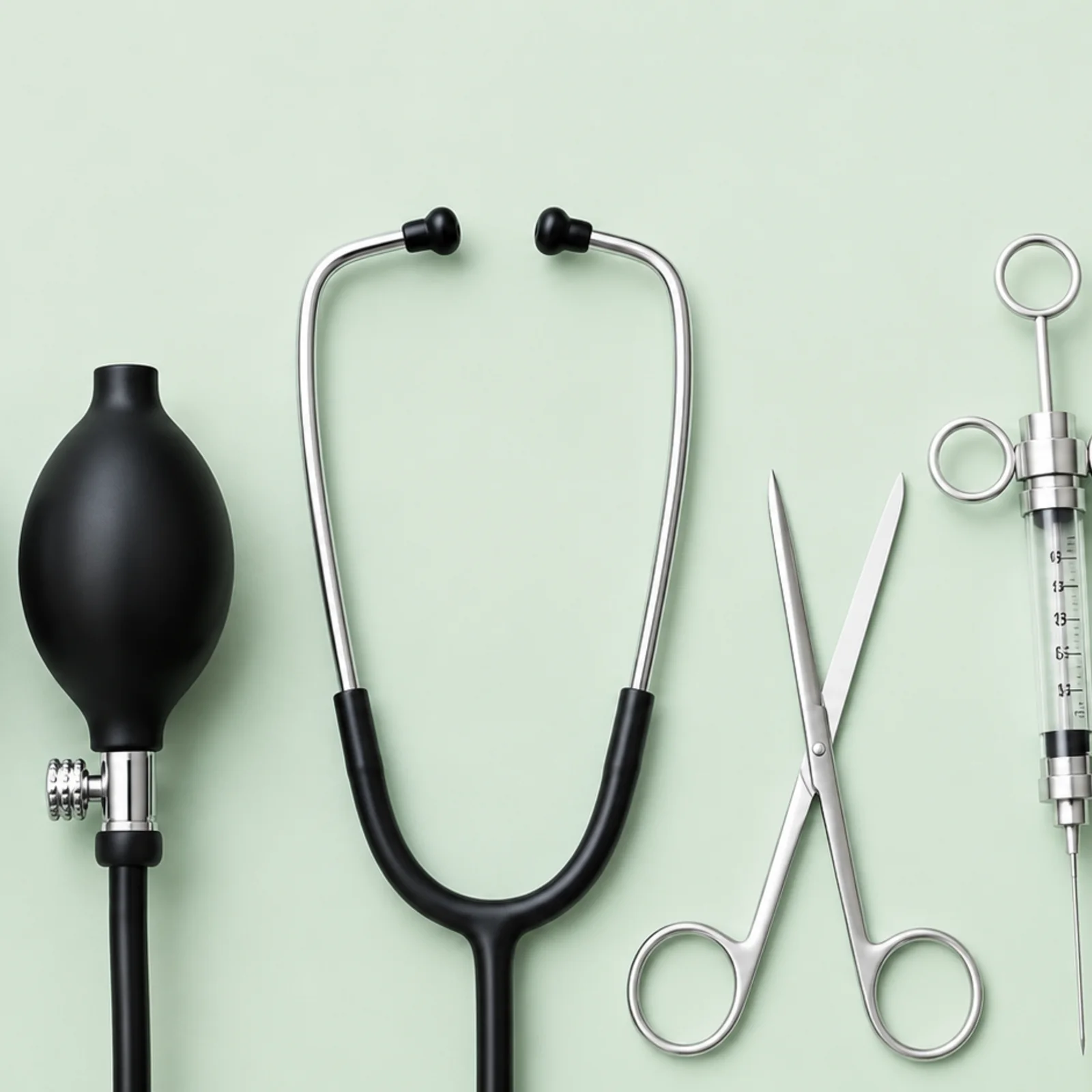 Blood-pressure gauge, stethoscope, scissors, and syringe lined up on a sage surface