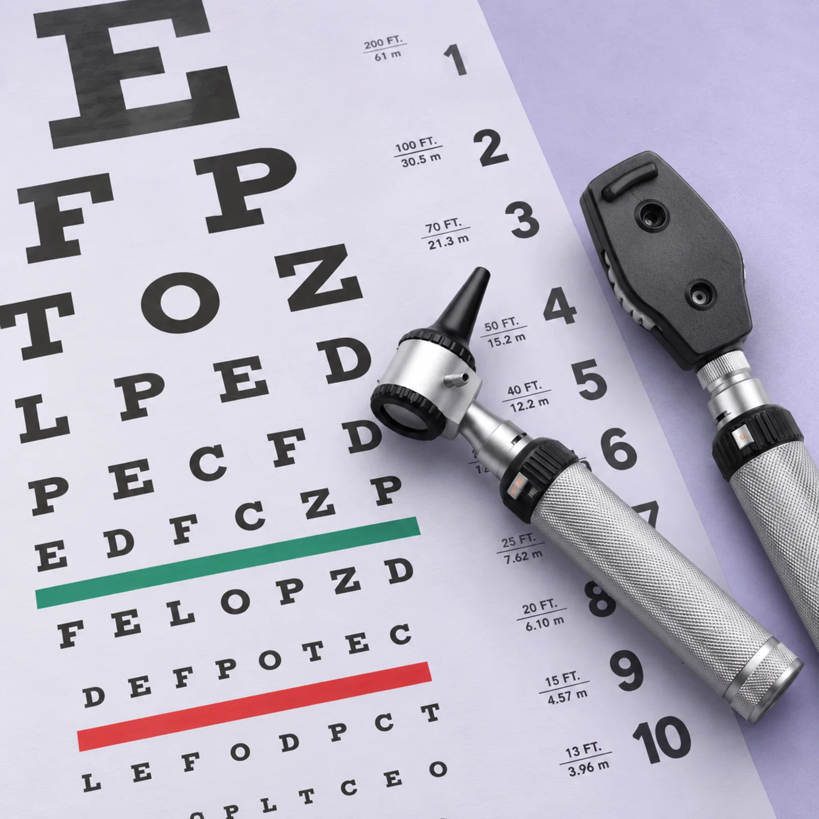 Eye chart with an otoscope and ophthalmoscope on a lavender surface