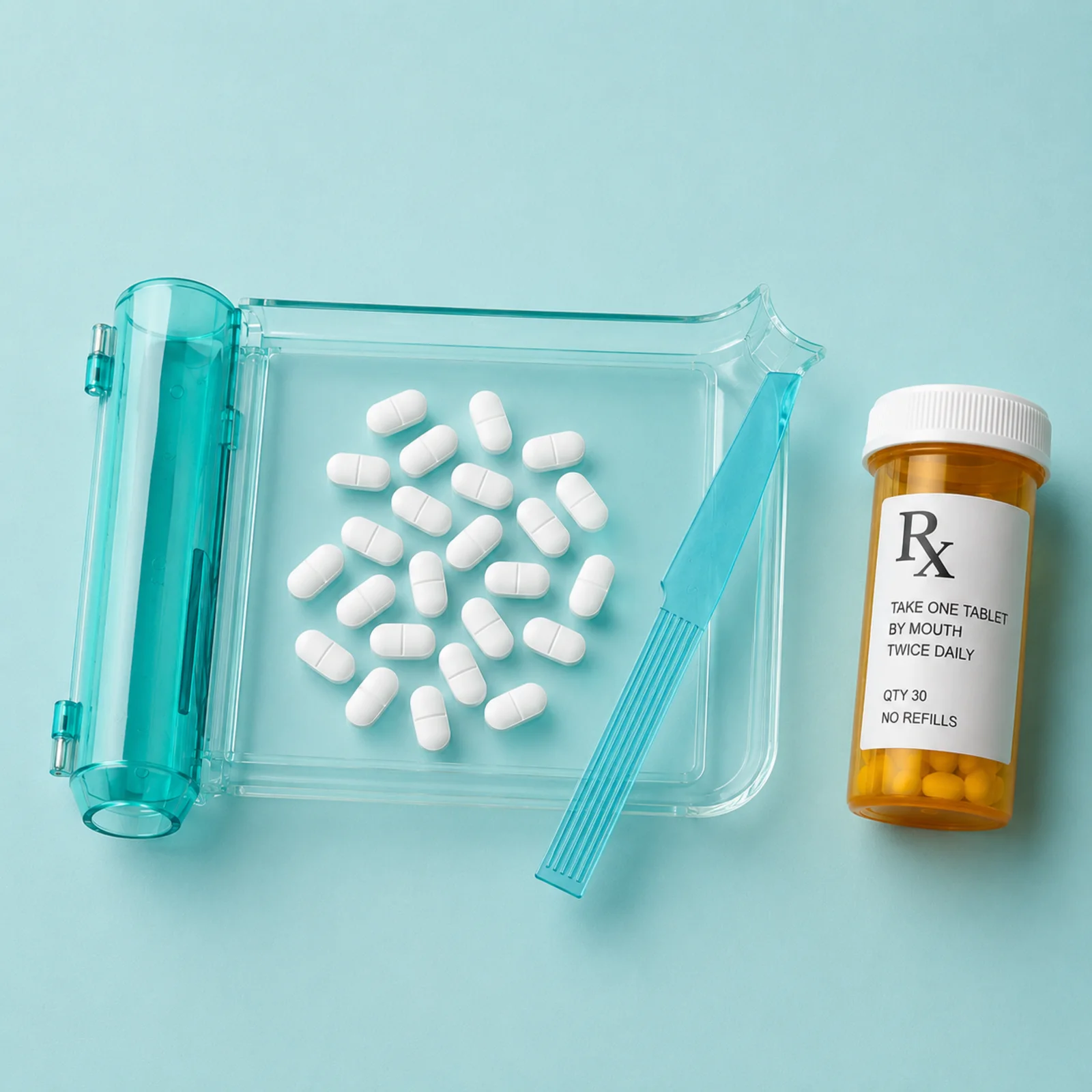 Pill-counting tray with tablets and an amber prescription bottle on a teal surface