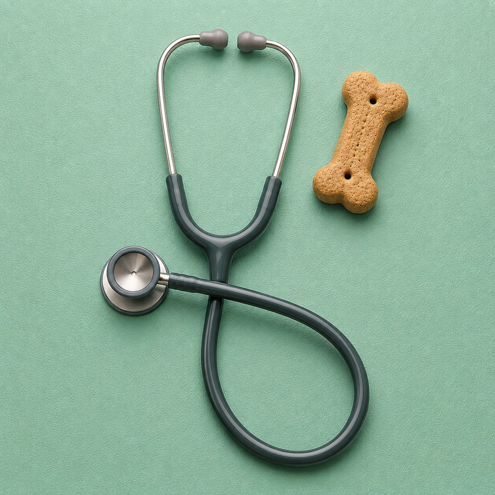 Veterinary stethoscope and a bone-shaped dog biscuit on a green surface